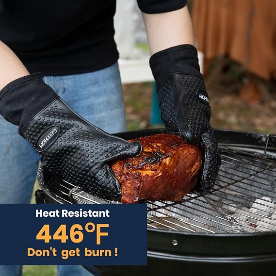 GEEKHOM Barbekü Eldiveni, Izgara Eldiveni, Isıya Dayanıklı Fırın Eldiveni, Mutfak Silikonlu Fırın Eldiveni, Barbekü, Pişirme, Pişirme için Uzun Su Geçirmez Kaymaz Tencere Tutacağı (Siyah)