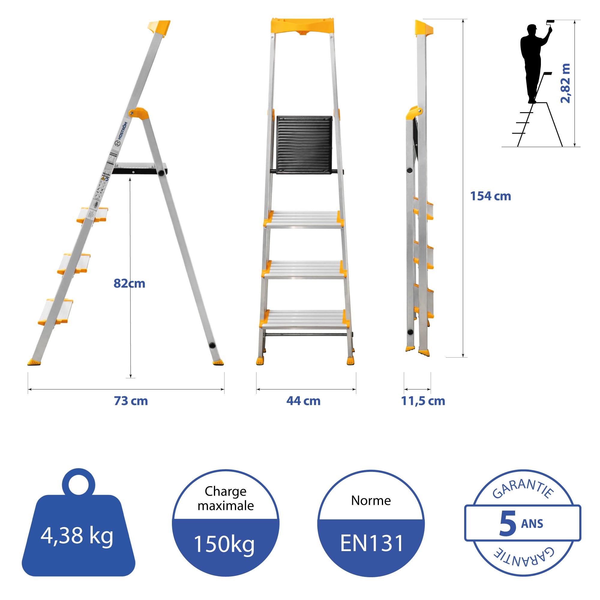 HOSTRÖM Escabeau 4 marches en Aluminium, Marche Pied Pliable, Porte-Outils, Marches Extra-Large 12cm, Usage Domestique et Professionnel, Garantie 5ans