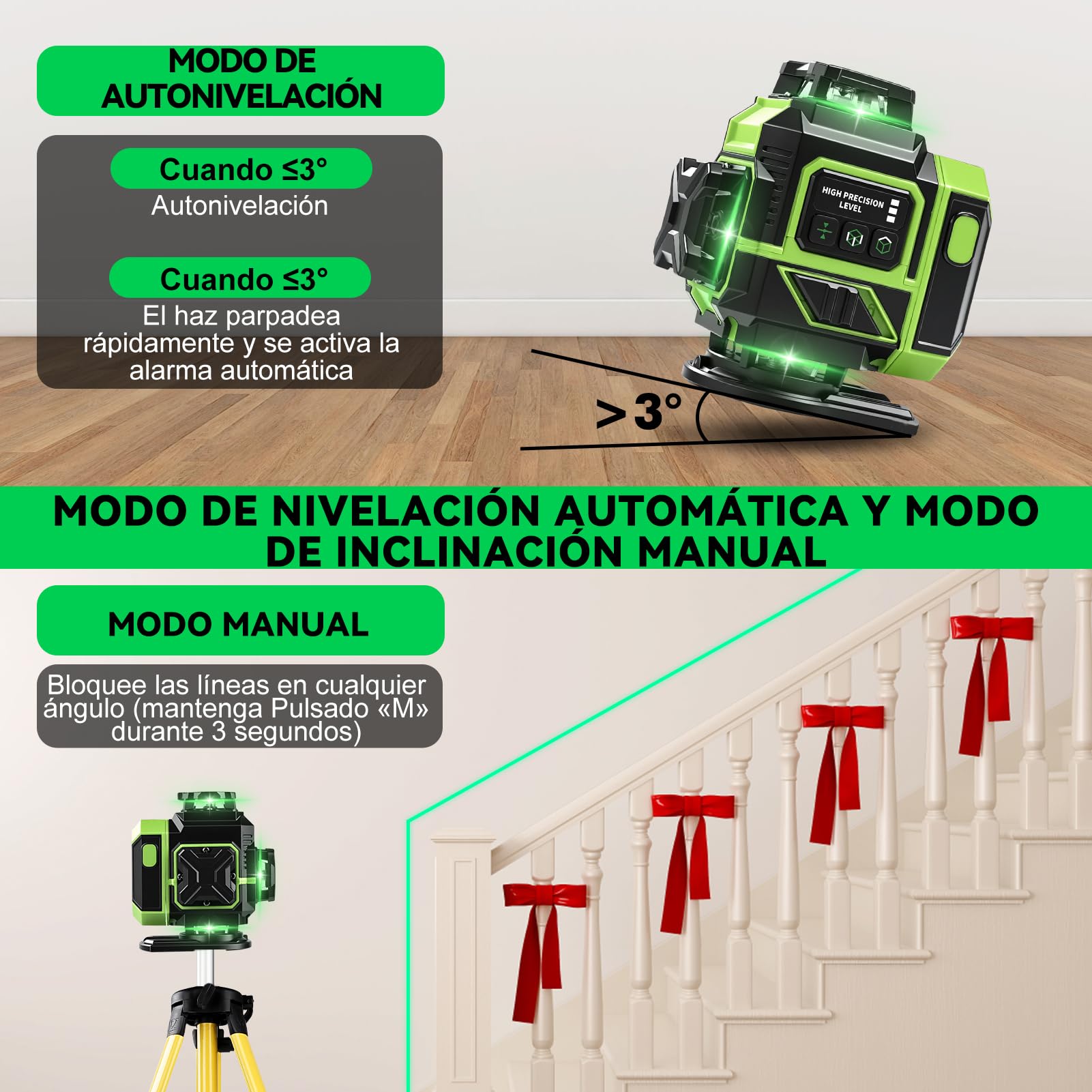 Nivel Láser Verde, 4 x 360° Nivel Laser Autonivelante 360 Grados Con 2 x 3600mAh Batería,16 Línea Láseres de Verde Cruzada Herramienta de Nivelación Vertical/Horizontal Con Soporte de Trípode