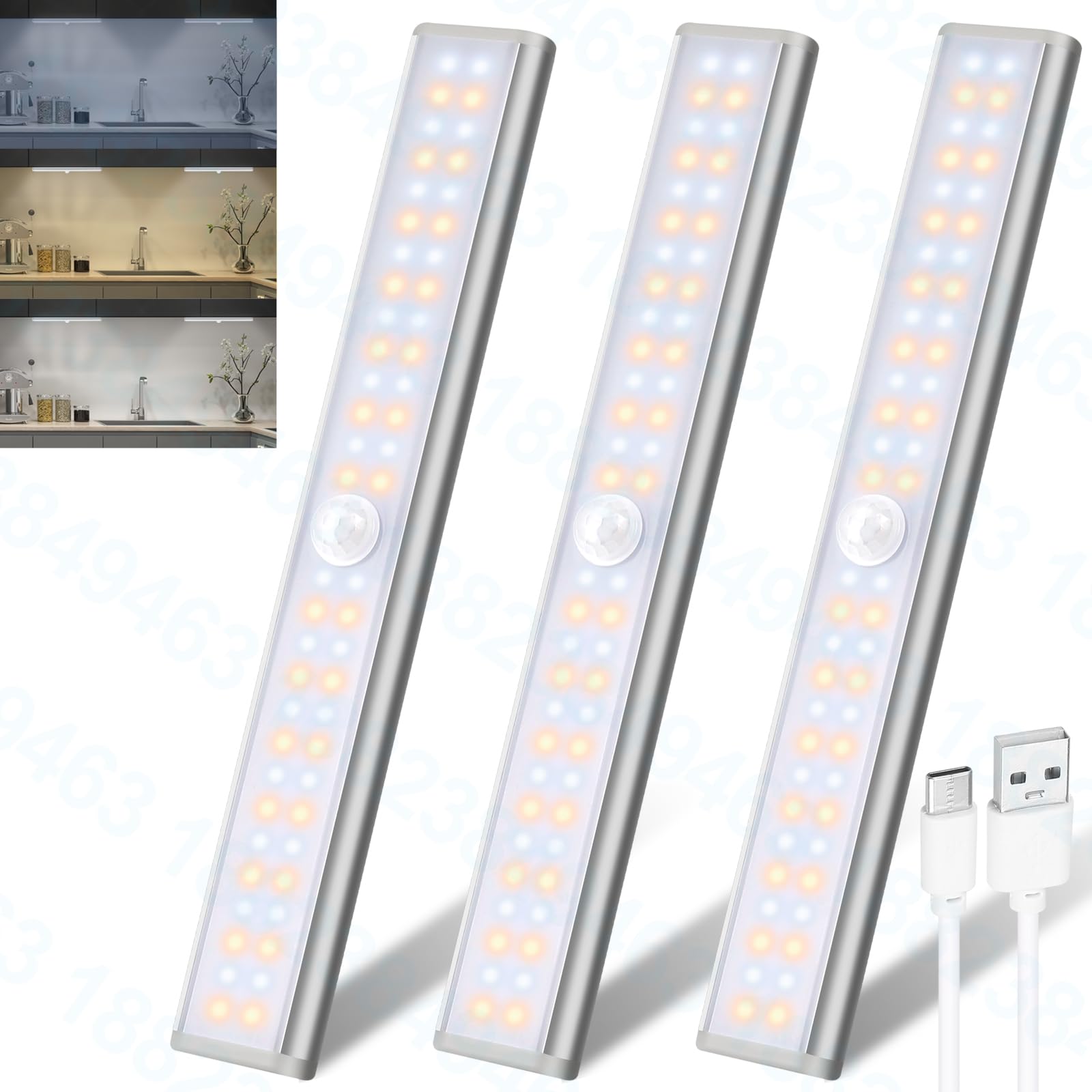 DFGOTOP Luce Cucina 56 Led Ricaricabile Senza Fili, Led per Armadio con Sensore Movimento, Lampada Calda Led Sottopensile USB Magnetica, Luminosità Gratuita 3 Colori 4 Modalità 20CM 3 Pezzi