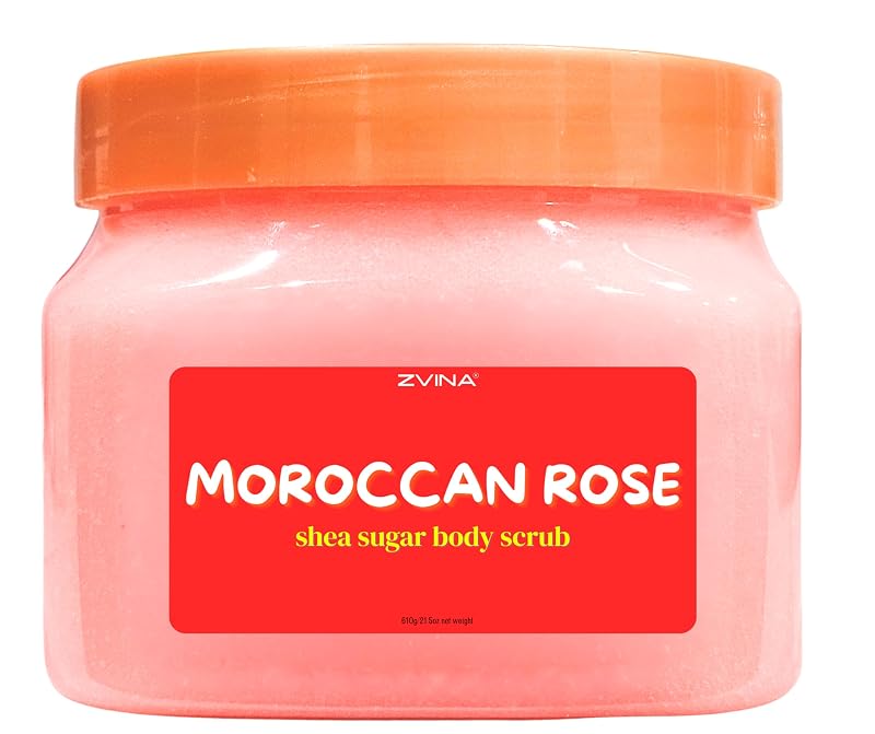 Esfoliante corporal de açúcar ZVINA com manteiga de karité e fragrância de rosa marroquina, 609 g