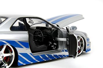 Jada Toys Fast & Furious Brians 2002 Nissan Skyline R34 Die-cast Car, 1:24 Scale, Silver & Blue