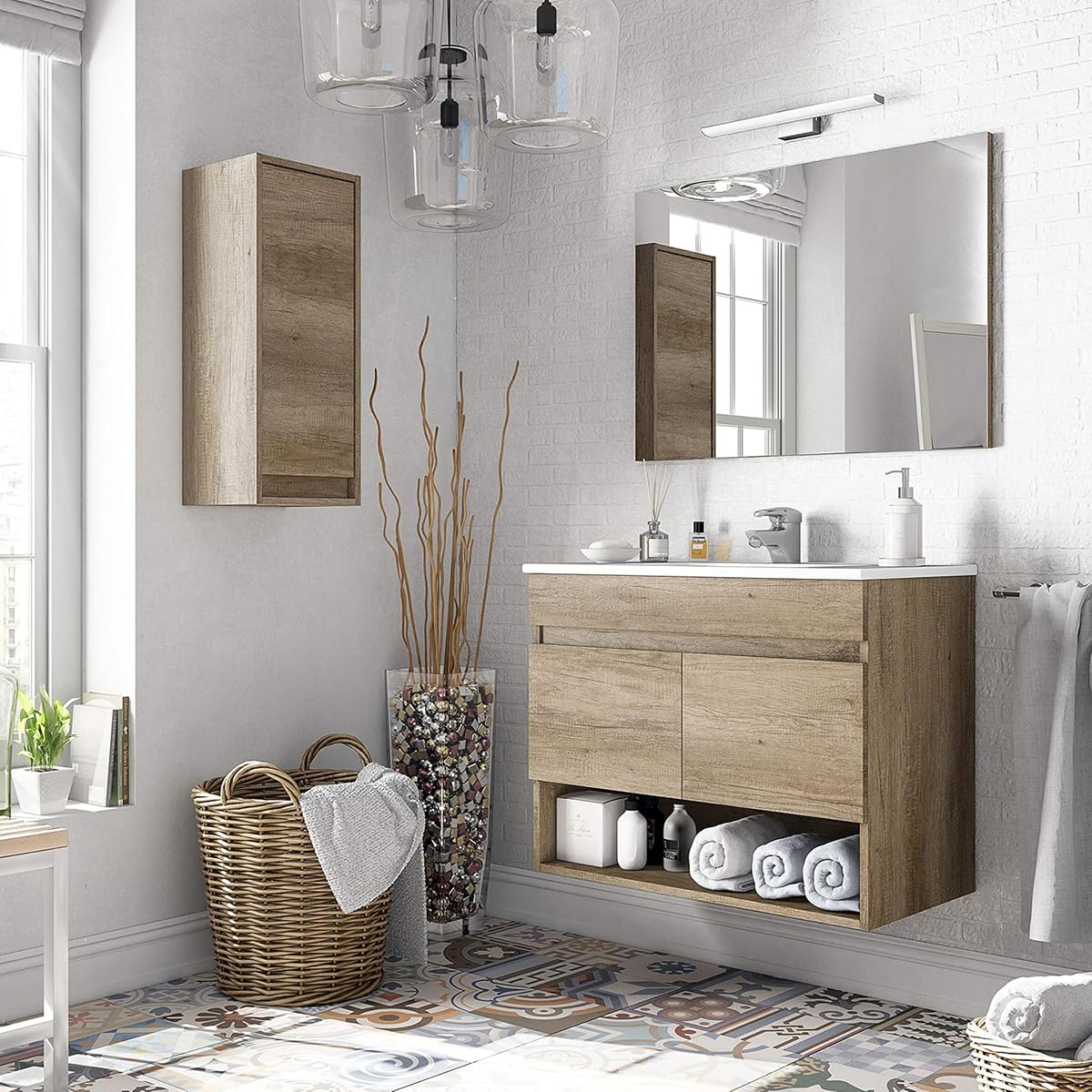 Mueble de Baño Lavabo Suspendido con 2 Puertas y Espejo Acabado en Nordik - Dim: 80 cm (Ancho) x 64 cm (Alto) x 45 cm (Fondo)
