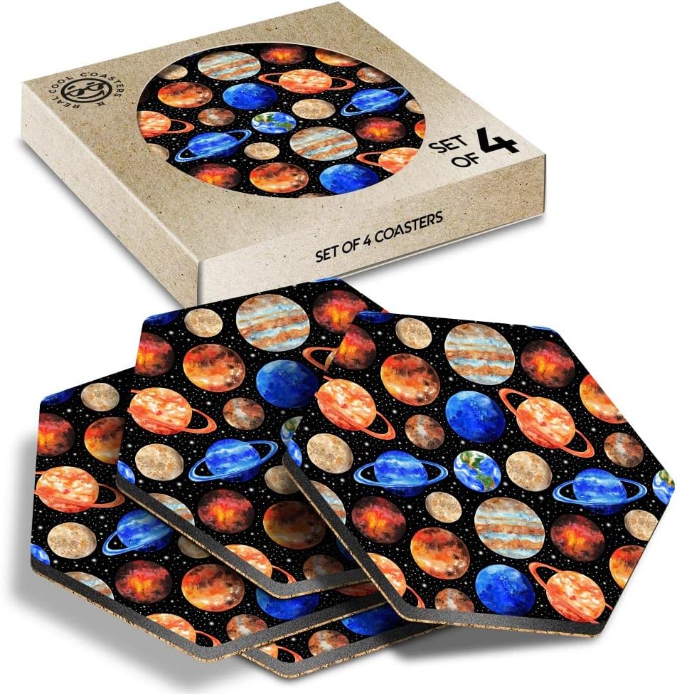 DV DESIGN 4 x Eco Boxed Cork Hexagon Coasters Set - Planet Solar System Space Planets Drink Cup Mug Glass Table Protection Mat #13135