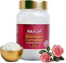 AuraCam Gold Standard Bhimseni Camphor - 100 GMS/Camphor for Pooja/100% Pure Brass Kapoor/Aromatic for Pooja, Meditation, Havan, Room Freshener/Pure & Natural Pacha Kapoor (Rose Fragrance, 100 gm)
