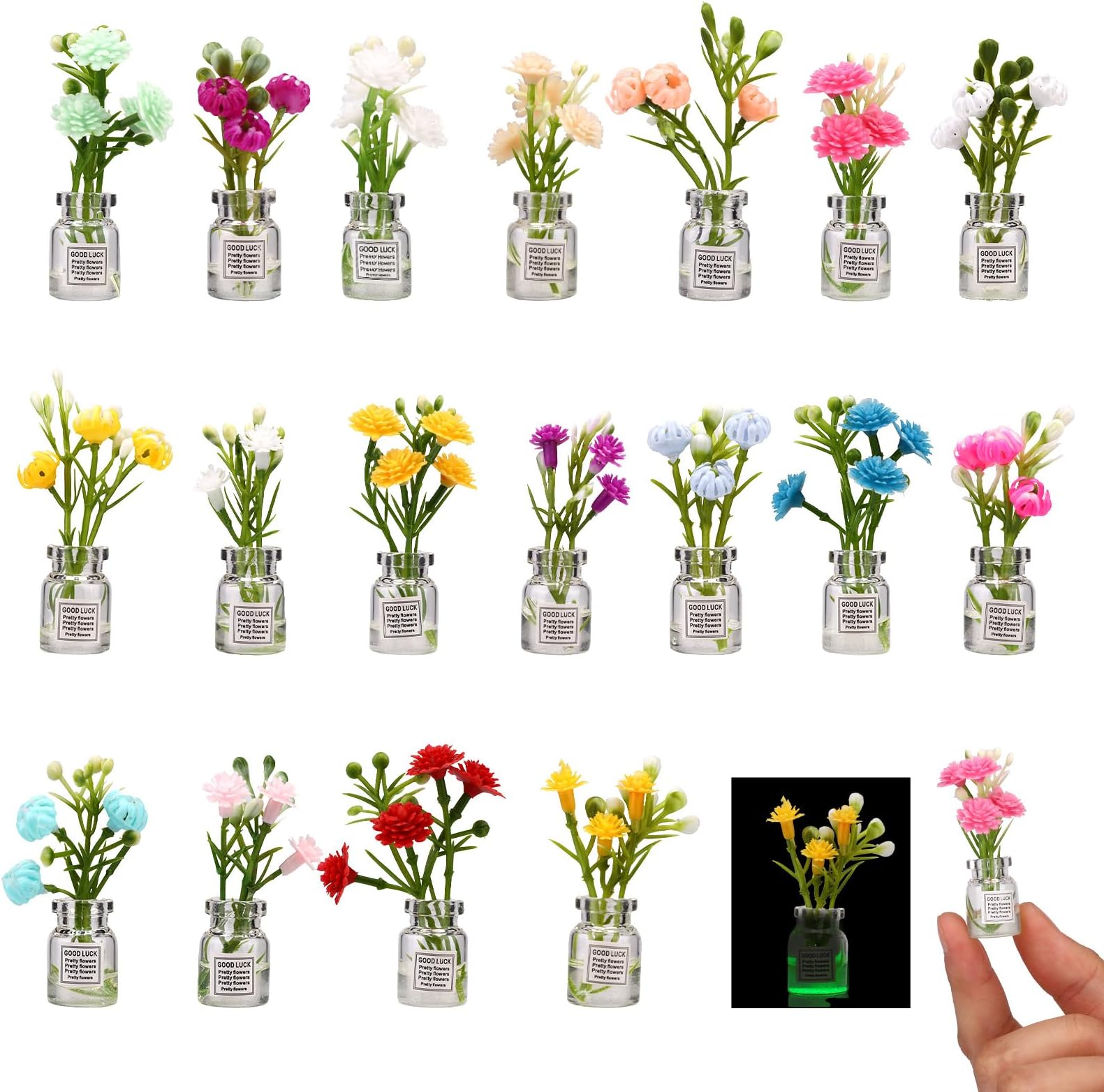 18pcs Miniature Dollhouse Plant Flowers, 18 Styles Luminous Mini Faux Vase Flowers Tiny Dollhouse Plant Decorations for Micro Landscape Garden Mini Scene Decorations DIY Crafts