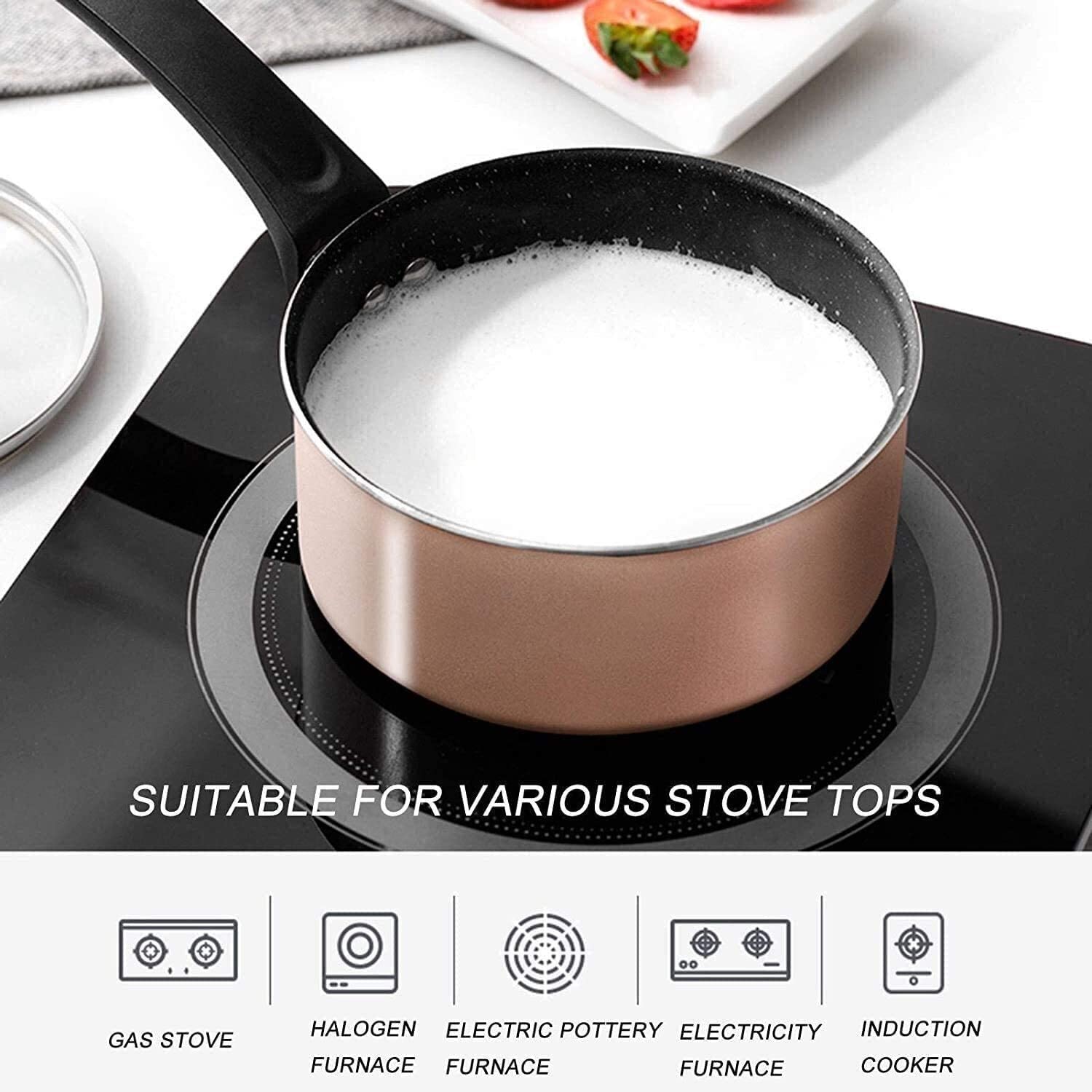 Maifan Stone - Pentola antiaderente con coperchio in vetro, manico ergonomico, per latte caldo, salse e zuppe