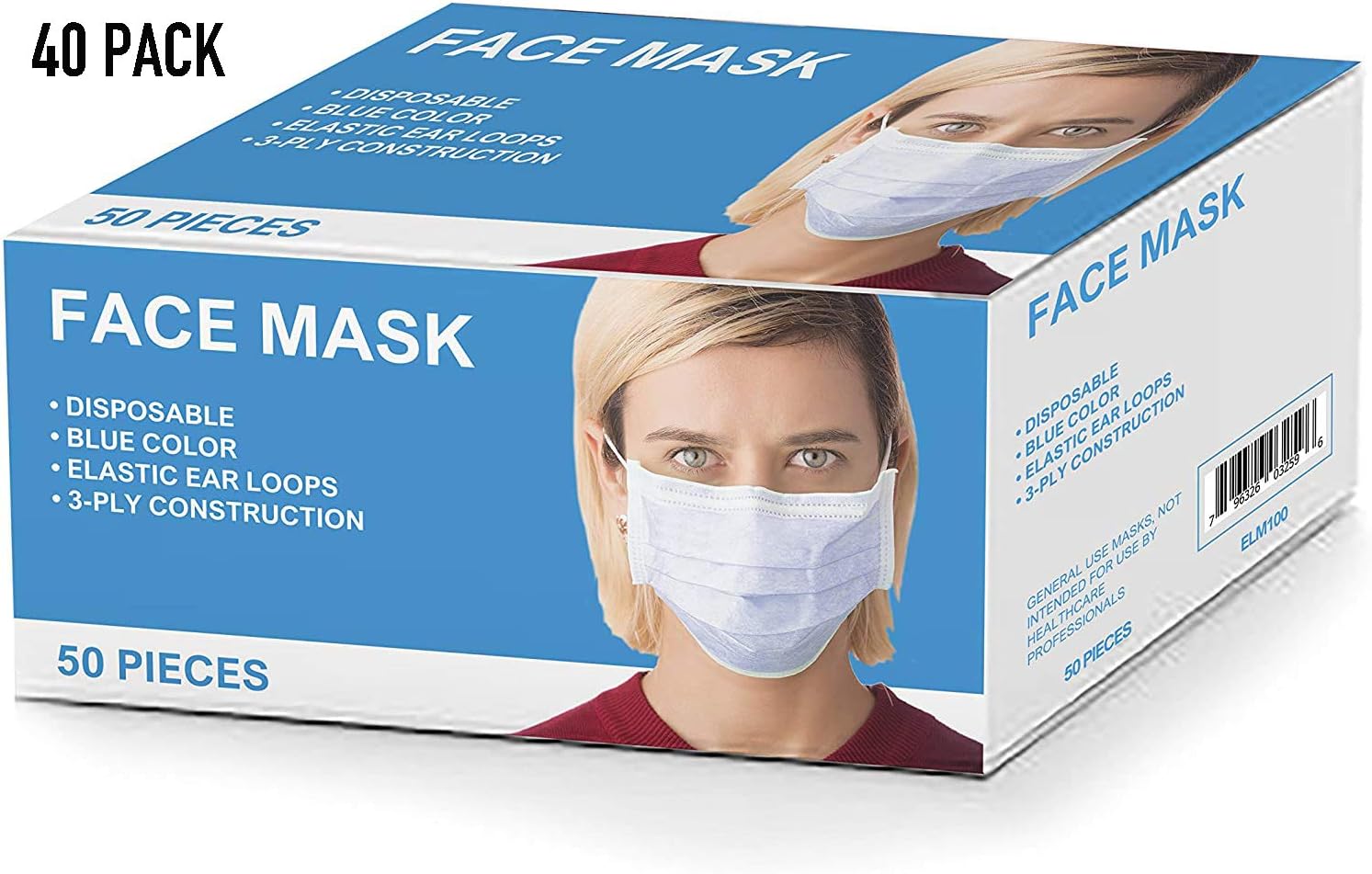 Cordova ELM100 Disposable Earloop Face Mask, 3-Ply Pleated Construction, Adjustable Flat Nosepiece, For Non-Medical Use, 2000-Pack