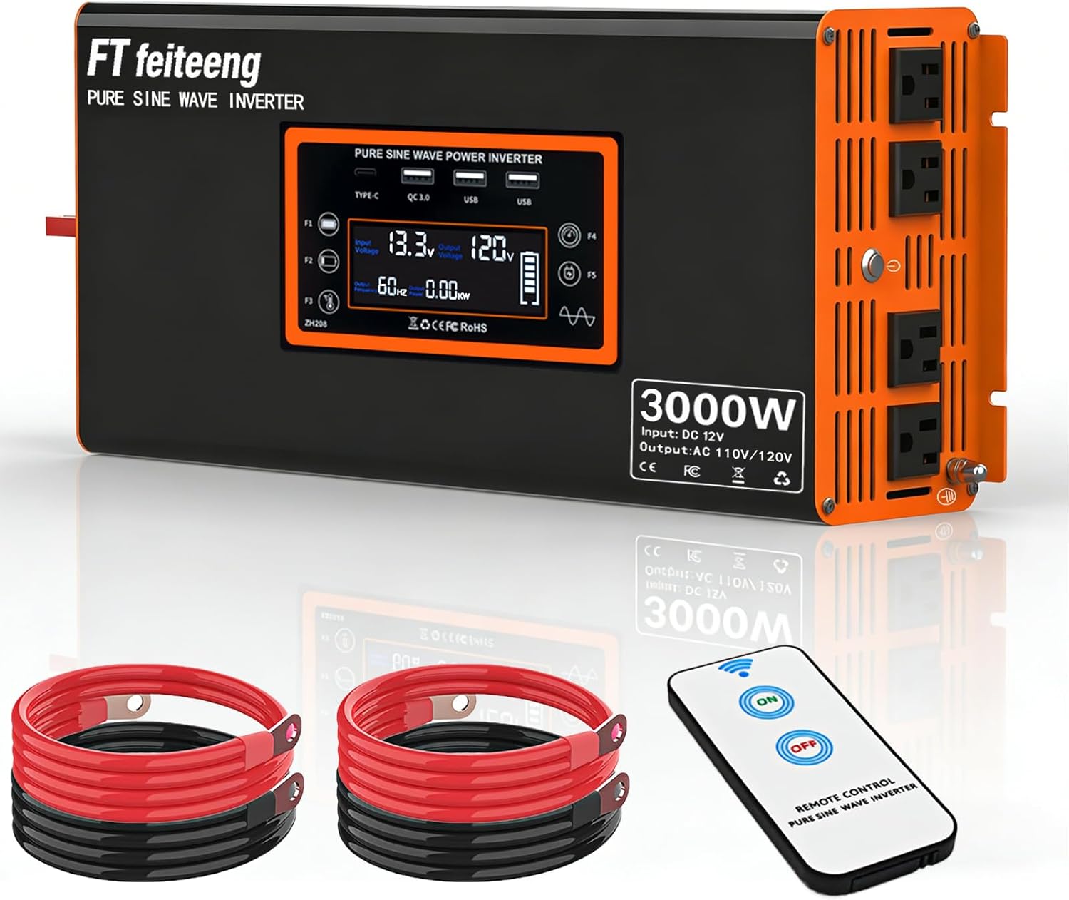 3000W Pure Sine Wave Inverter 12v to 110v Power Inverters for Vehicles Rv Truck Emergency Power + Solar Off-Grid System Type-C/USB Fast Charging LCD Monitor Screen（ Peak 6000w）