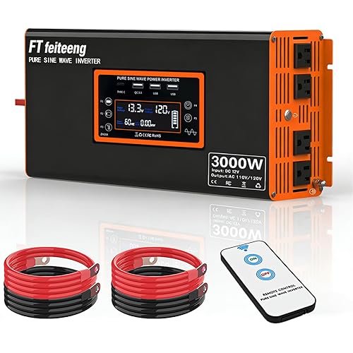 3000W Pure Sine Wave Inverter 12v to 110v Power Inverters for Vehicles Rv Truck Emergency Power + Solar Off-Grid System Type-C/USB Fast Charging LCD Monitor Screen（ Peak 6000w）