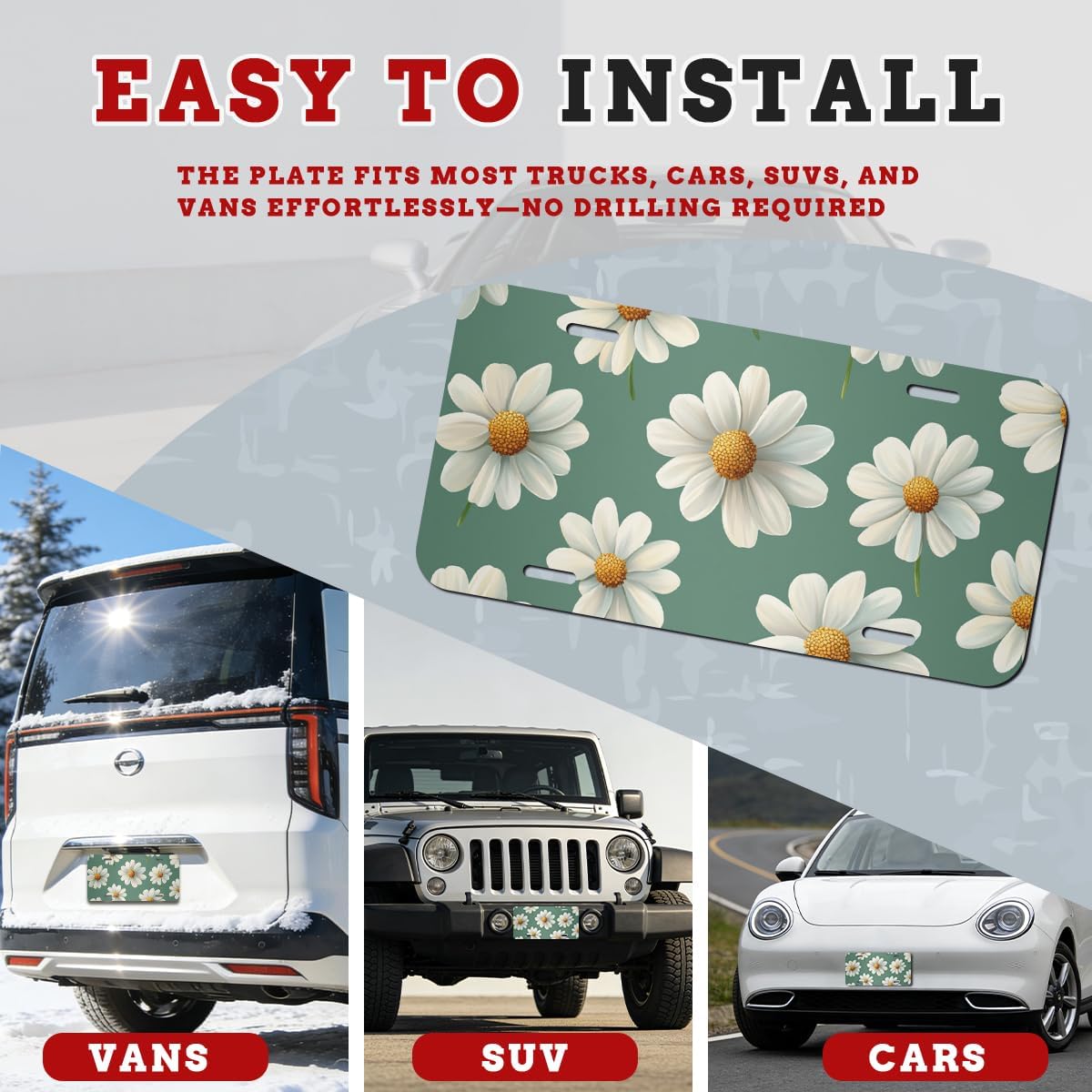 Flower Front License Plate Daisy Green Vintage Botanical Aluminum Decorative License Plates Funny Novelty Vanity Tag Cover Car Decor Accessory with 4 Holes for Men Women 12×6 Inch image 3