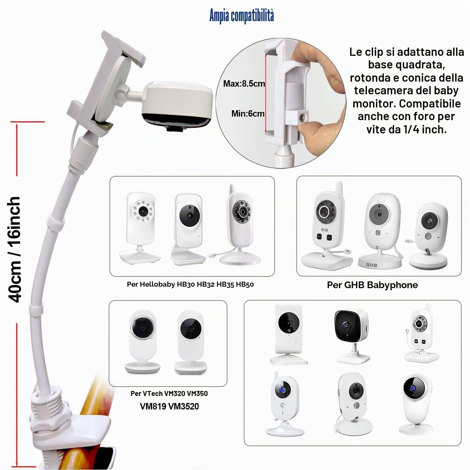 Supporto Universale Flessibile Telecamera Baby Video Monitor Clip per lettino scrivania, compatibile con Hellobaby HB30 HB32 HB35 HB50 HB65 HB6550 HB6532 e GHB Chicco Telecamera