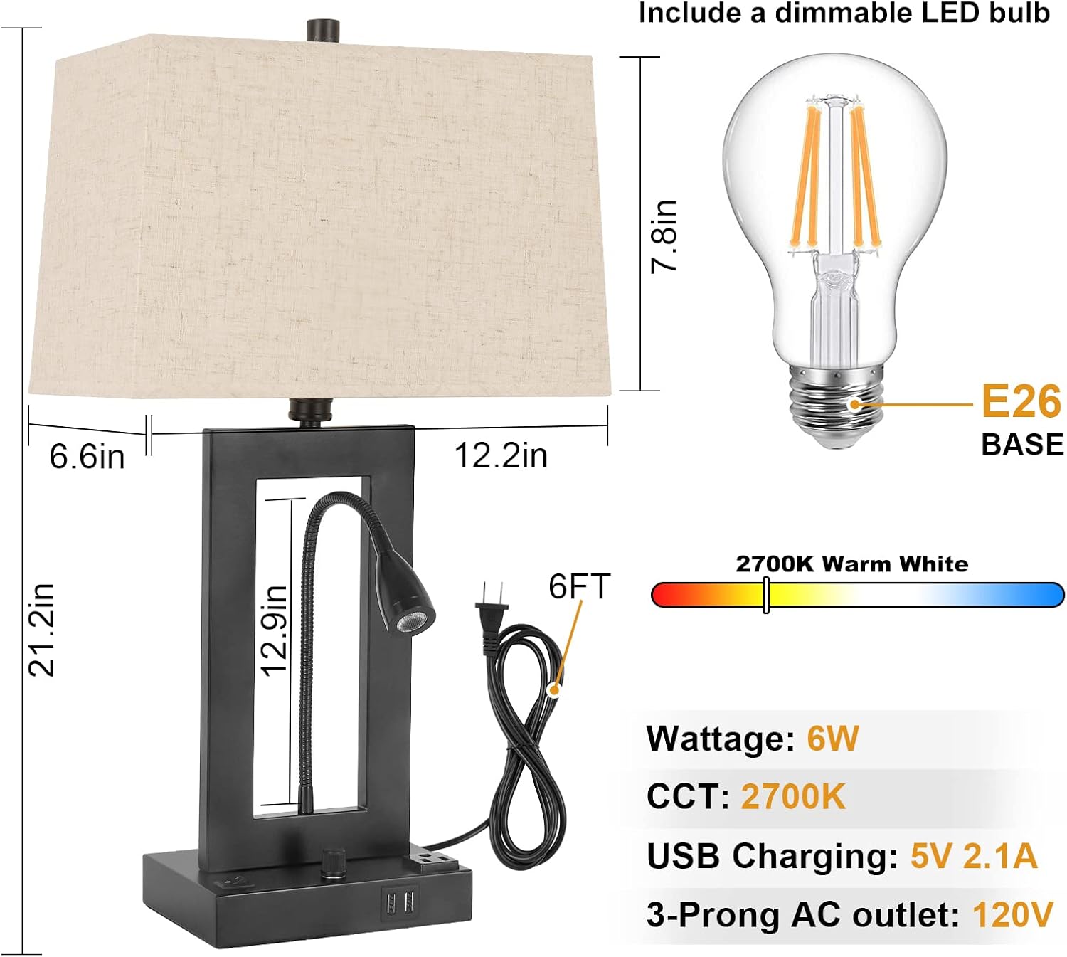 Black Adjustable Table Lamps Set with USB Ports and Fabric Shades