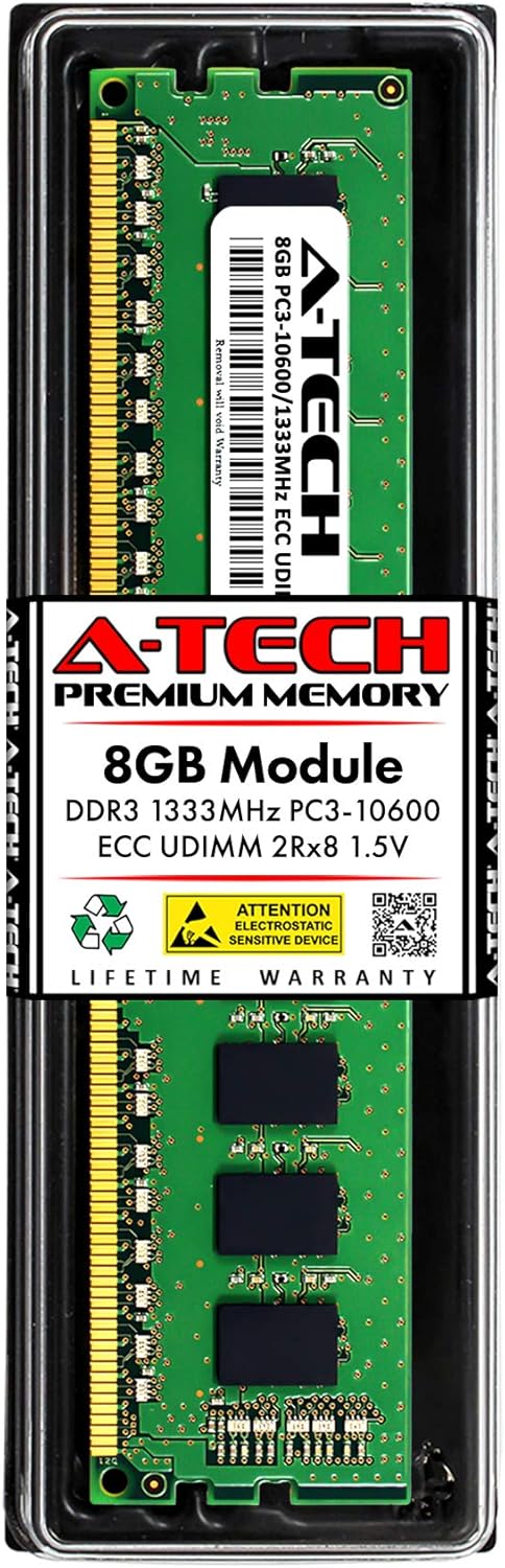 A-Tech 8GB Replacement for Kingston KTH-PL313E/8G - DDR3 1333MHz PC3-10600 ECC Unbuffered UDIMM 2Rx8 1.5V - Single Server Memory RAM Stick (KTH-PL313E/8G-ATC)