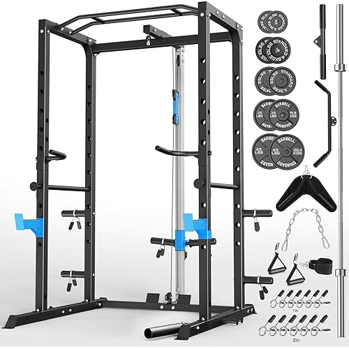 Power Cage, Multi-Functional Power Rack with J-Hooks, Dip Handles, Landmine Attachment and Optional Cable Pulley System for Home Gym