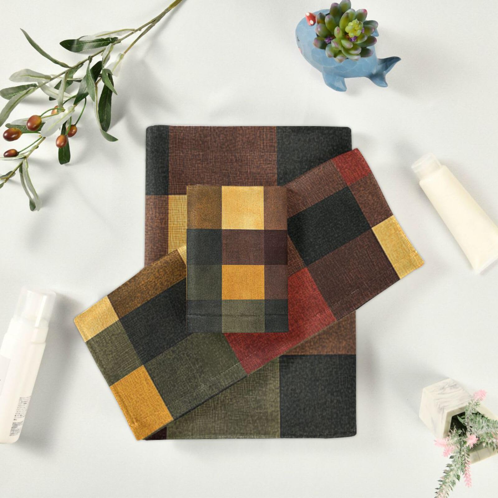 Set di 3 asciugamani assorbenti in stile autunnale a quadri, 1 asciugamano da bagno, 1 asciugamano per le mani, 1 panno per la casa, cucina e famiglia