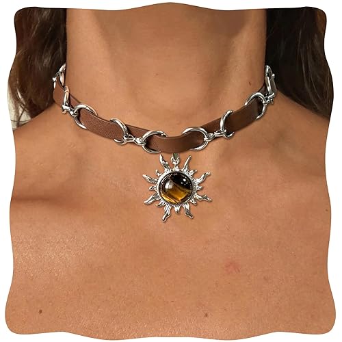 Tiger Eye Necklace, Sun Pendant Necklace with Adjustable Brown Leather Choker Necklace - Tiger Eye