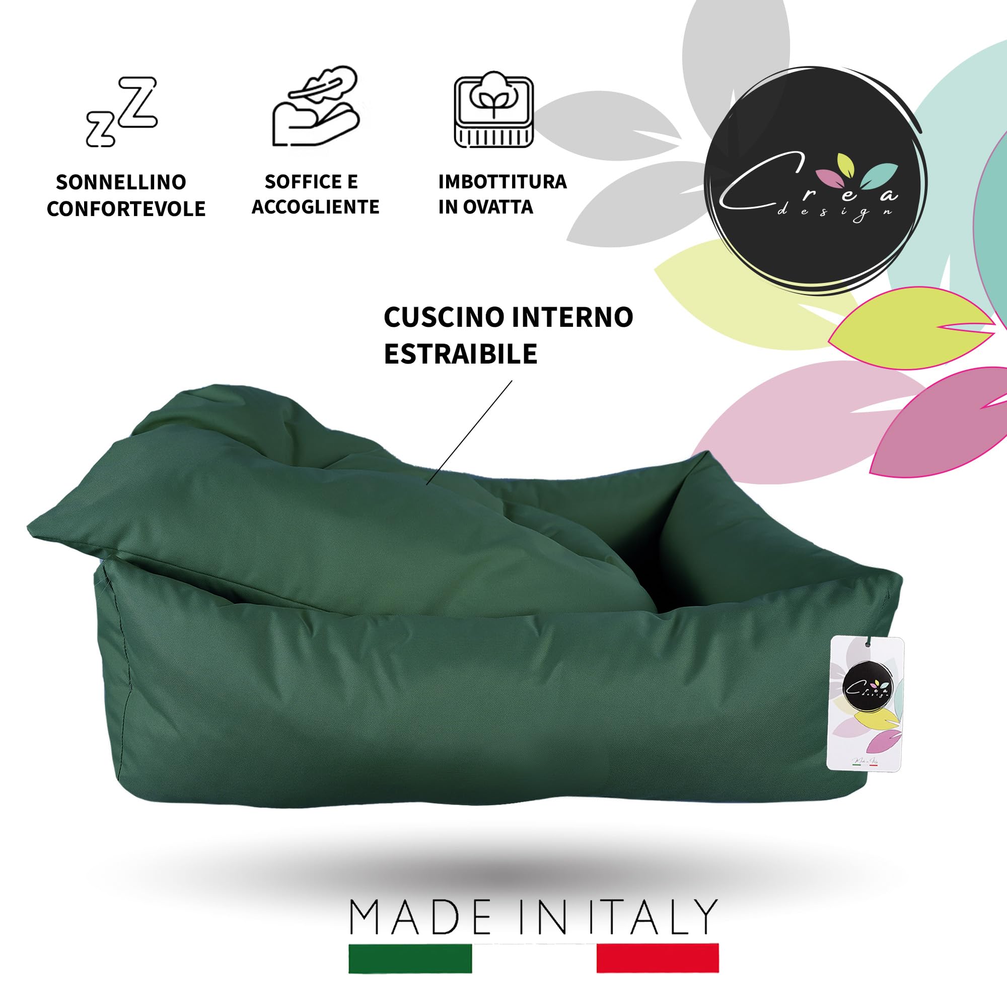 Crea Bed - Cuccia lettino per cani idrorepellente resistente ai graffi, realizzata a mano in Italia. Cuscino per Cane tessuto robusto per l'uso interno ed esterno. XS/S | 50 x 60 cm, VERDE BOSCO