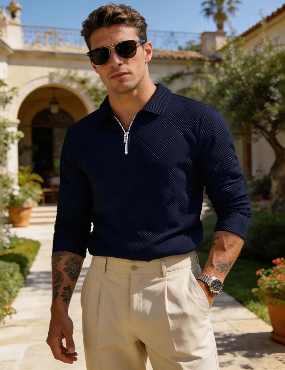 UOUA Men's Polo Shirt Quarter Zip Tops Soild Casual Geometric Texture Long Sleeve Sweaters Pullover Golf Sweatshirts - Image 5