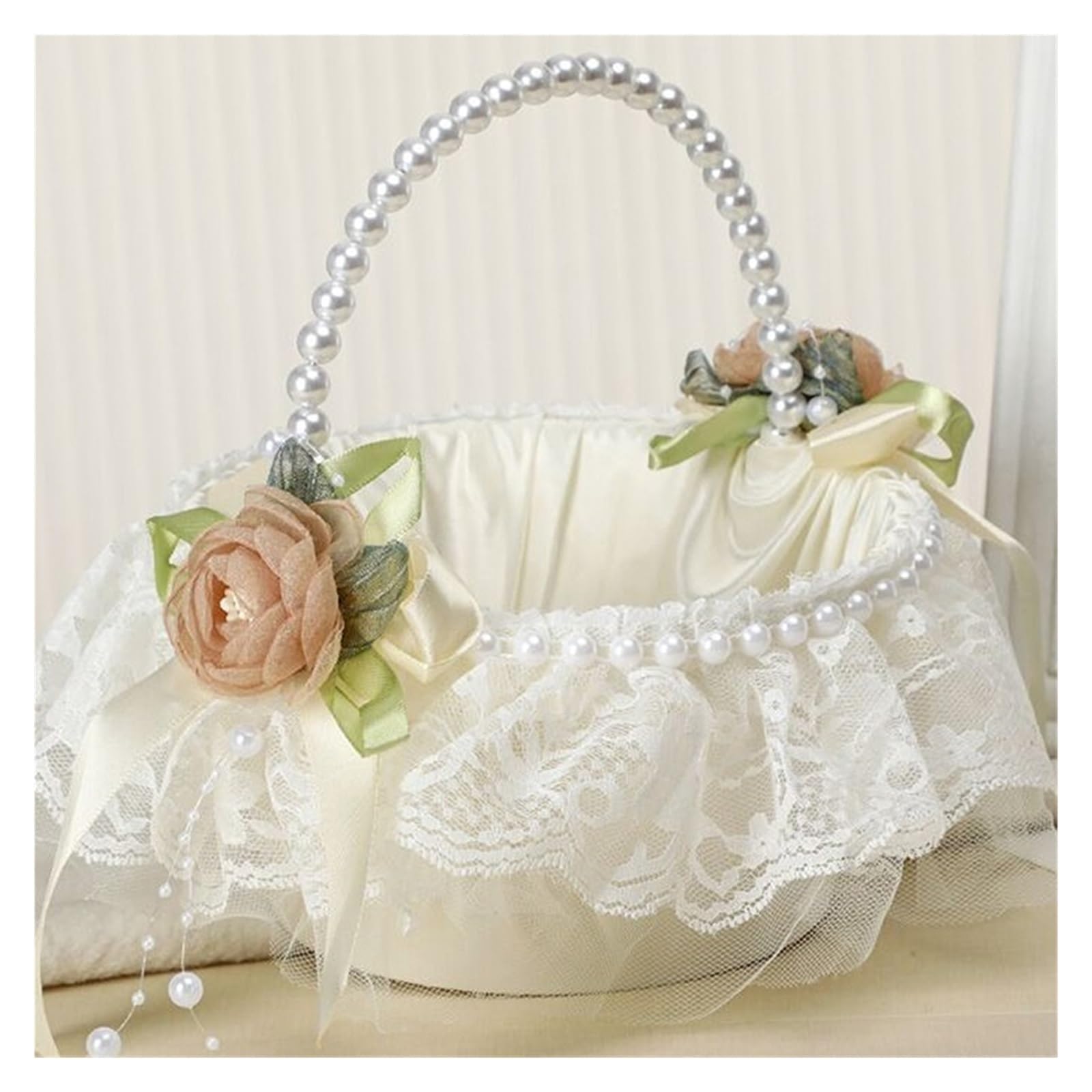 Wedding Flower Baskets, Flower Basket White Lace Rose Pearl Satin Wedding Ceremony(White2)