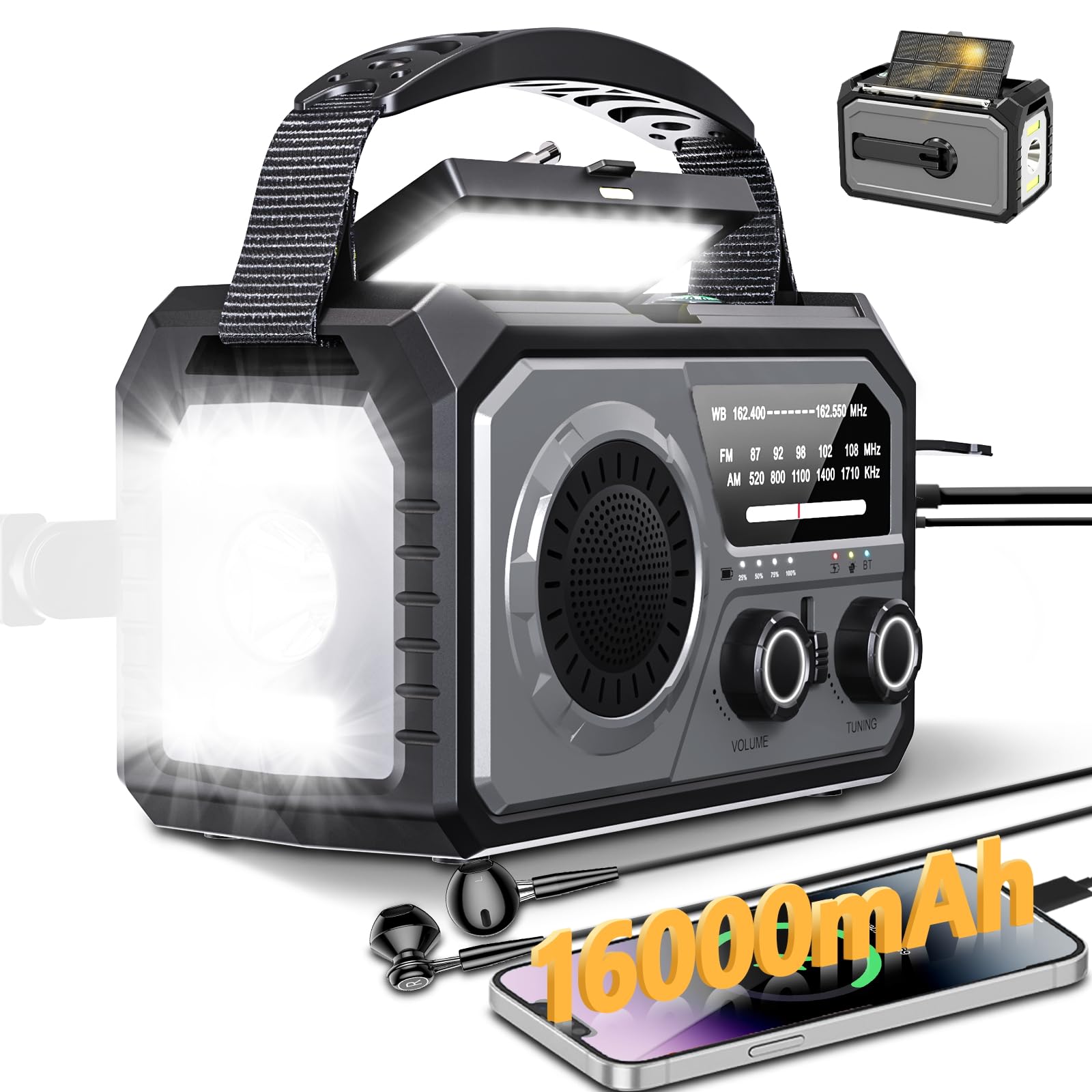 Radio a manovella di emergenza 16000 mAh AM/FM con torcia LED, radio solare, radio meteorologica portatile, caricatore di emergenza per famiglia, campeggio all'aperto