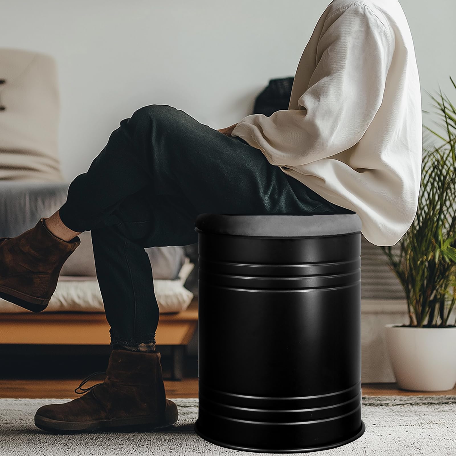 G-LEAF 2er Set Aufbewahrungshocker mit Deckel, Sitzhocker mit Stauraum aus Metall, Deko Aufbewahrungstonne Vintage, Pouf Sitztonne, Schwarz mit Grauem Samt-Kissen