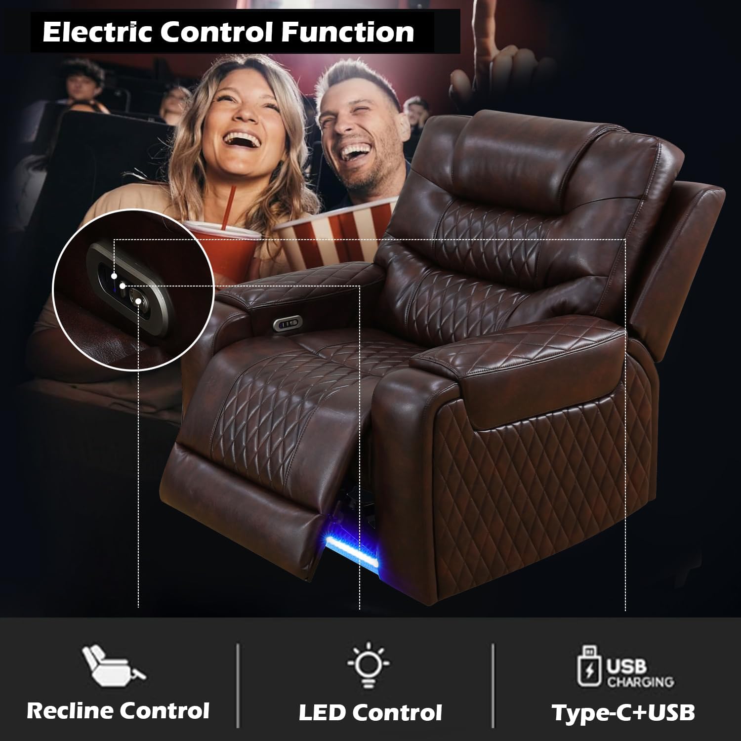 Leather Recliner Sofa Set with LED Light，Luxurious Brown Power Reclining Couch Set with USB Ports for Living Room Furniture Sets（Brown，Sofa+Loveseat+Chair）