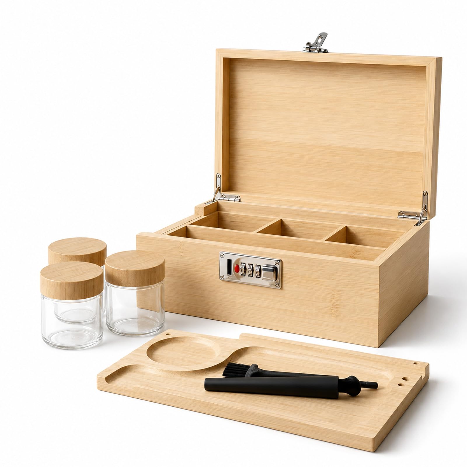 Nooksee Box Rouler en Bambou avec Serrure à Code et 3 Bocaux Anti-Odeur