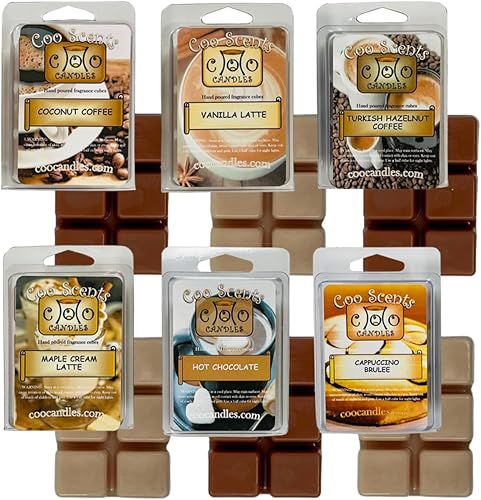 Coffee House Scented Wax Melts, 6 Pack – USA Made – Wax Cubes for Wax Melt Warmer, Coffee Variety Pack - Coconut, Maple Latte, Hazelnut, Hot