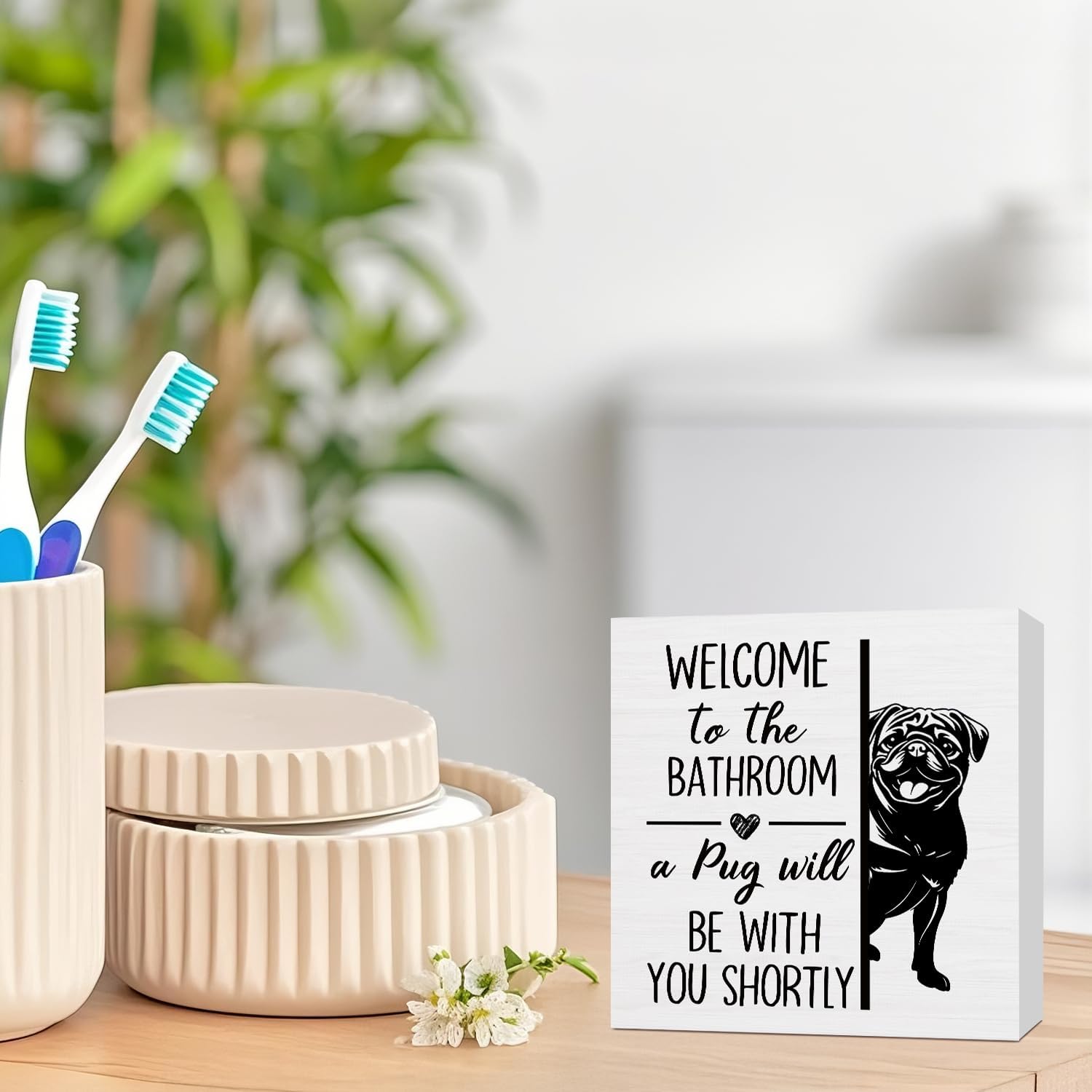 Funny Pug Bathroom Wooden Box Sign,Gifts for Pug Lovers, Dog Wood Block Plaque Signs for Bathroom Toilet Restroom Desk Table Shelf Decor, 5x5 Inch - Image 2