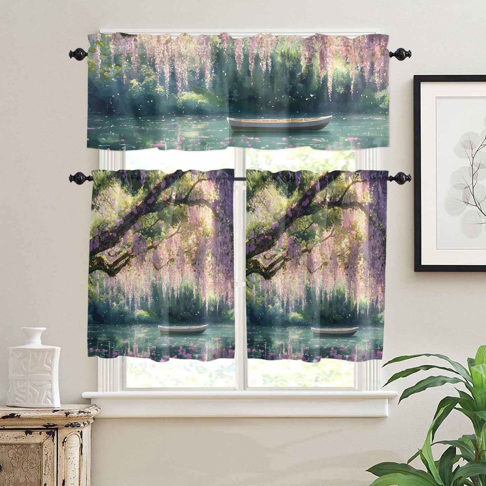 Forest Boat Kitchen Curtains 24 Inch Length,3 Piece Rod Pocket Small Half Tiers and Valance Set,Green Tree Flowers Floral Wilderness Scenery Small Large Window Treatment Decor for Bedroom/Bathroom