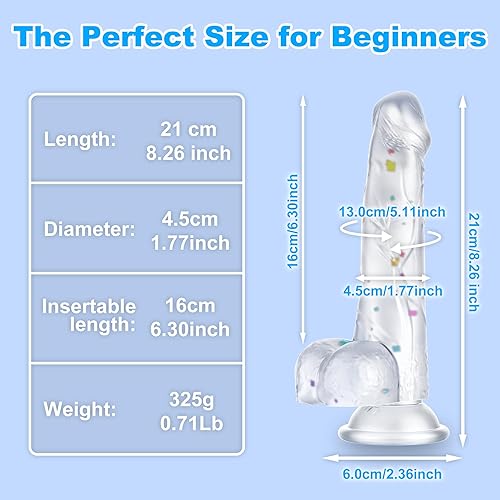Miniatura 4 de Consolador de silicona transparente de confeti de 8.2 pulgadas con base de ventosa acampanada para jugar con manos libres, consolador flexible con
