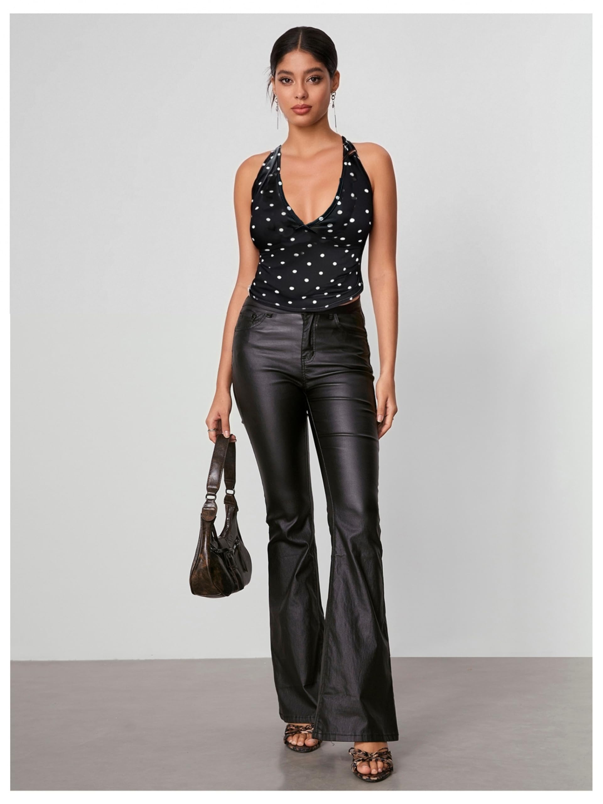 WDIRARA Women's Leopard Print Ruched Halter Crop Tops V Neck Tie Back Sleeveless Slim Fit Cami Tops: Medium Black Polka