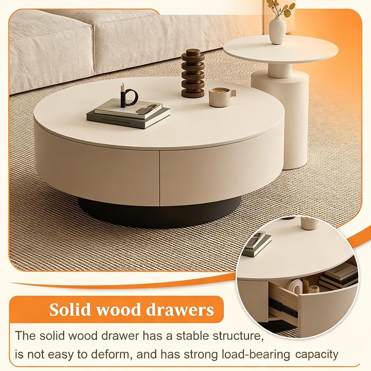 Couchtisch 2er Set Rund, wohnzimmer tisch mit Schubladen aus Massivholz