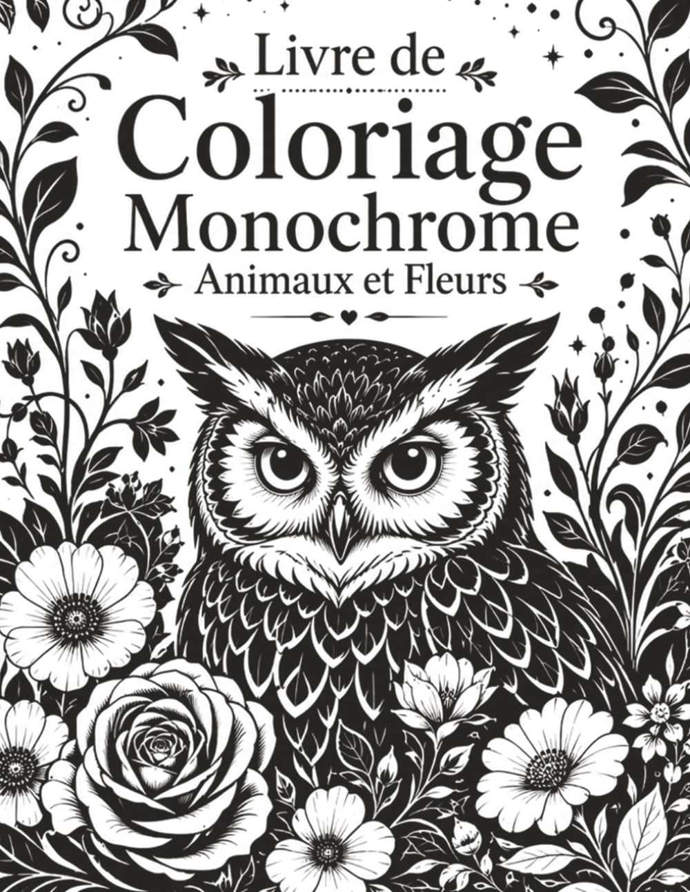 Livre de Coloriage Monochrome Animaux et Fleurs: Dessins apaisants de faune sauvage, animaux adorables, plantes et compositions botaniques à colorier