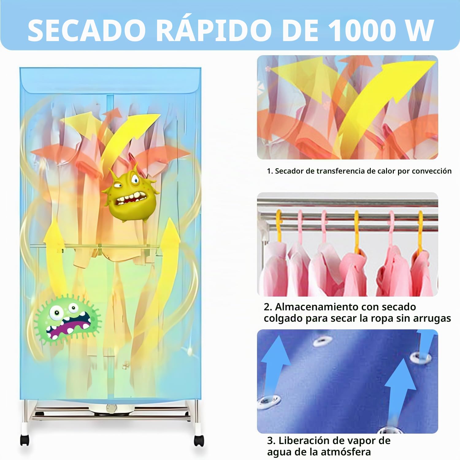Plegable Armario Secadora De Aire Caliente, Secadora PortáTil Con Temporizador, Armario PortáTil Secador De Aire Caliente, 1000 W De Potencia, [Clase de eficiencia energética A]