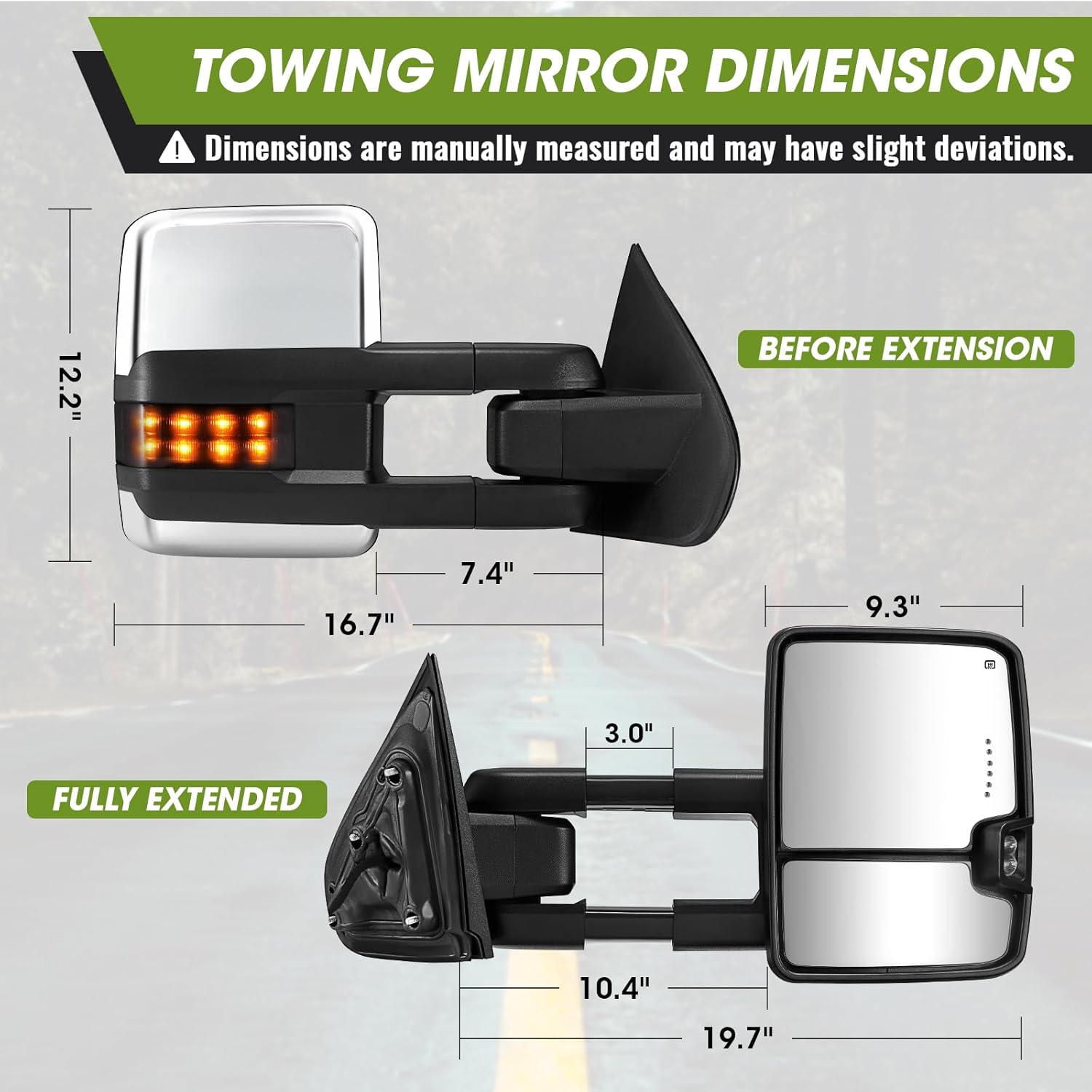 Towing Mirrors for Chevy Silverado/GMC Sierra 1500 (2014 2015 2016 2017 2018), 2500HD 3500HD (2015 2016 2017 2018 2019), Chrome Tow Hitch Mirrors, Turn Signal/Running Lights Power Heated