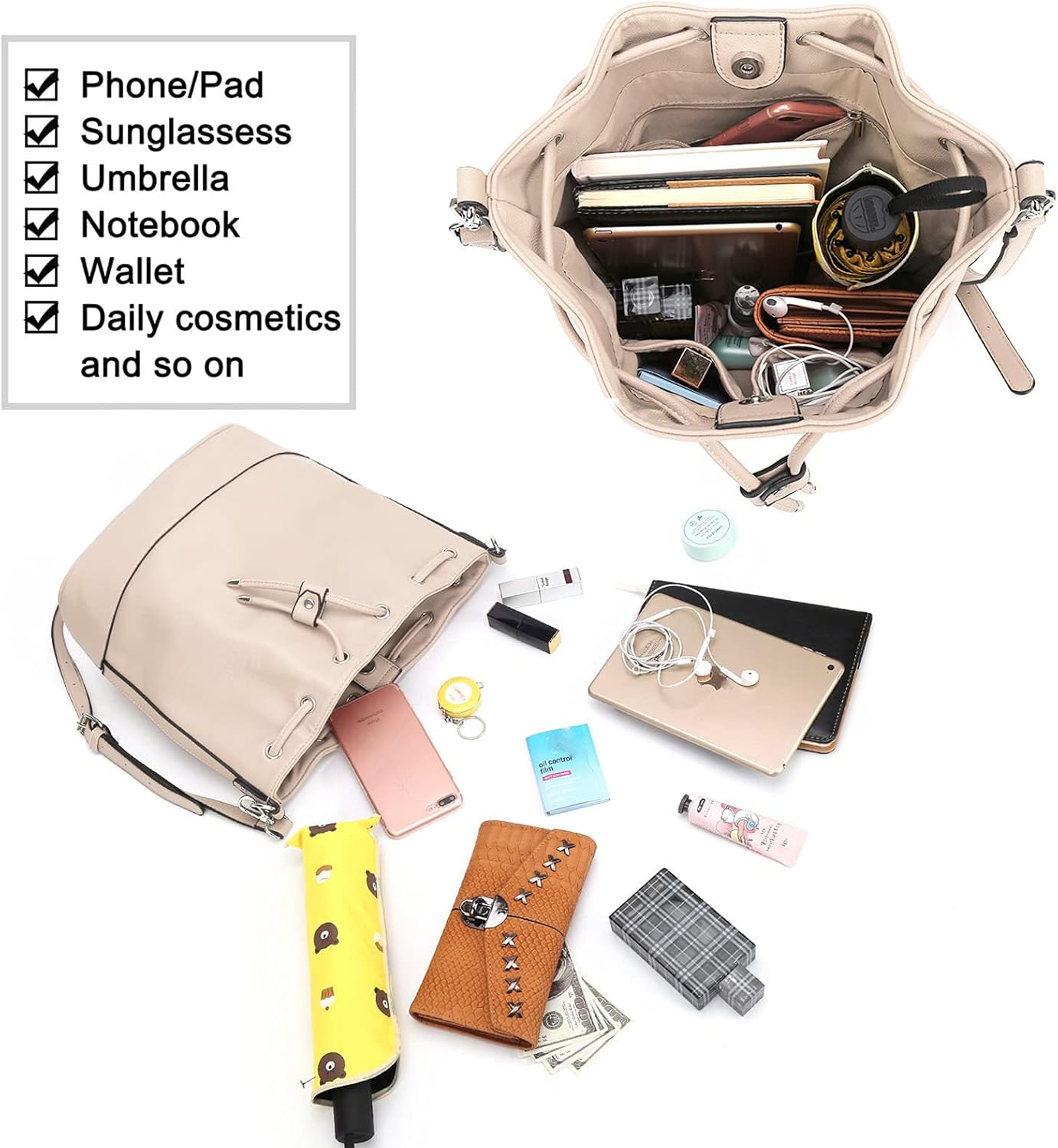 AFKOMST Leather Bucket Bags and Drawstring Crossbody Purse for Women Medium Tote and Hobo Handbags with 2 Shouder Straps - Image 4