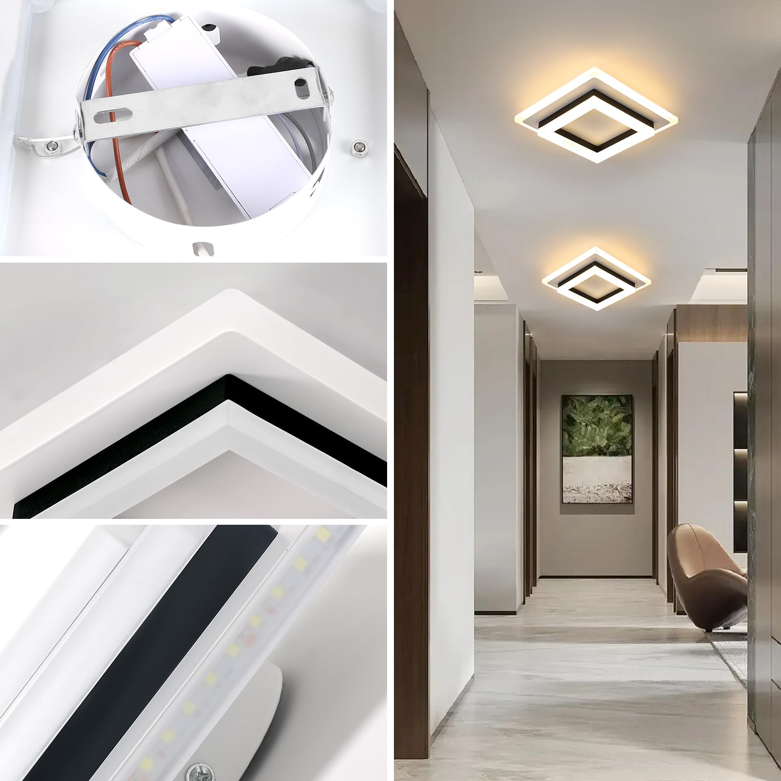 Plafon LED Techo, 24W 2700LM Moderna Cuadrada Plafón Luz Led, Lámpara de Techo Acrílico Negro para Salón Dormitorio Cocina Pasillo Oficina, Blanco Cálido 3000K, 20CM