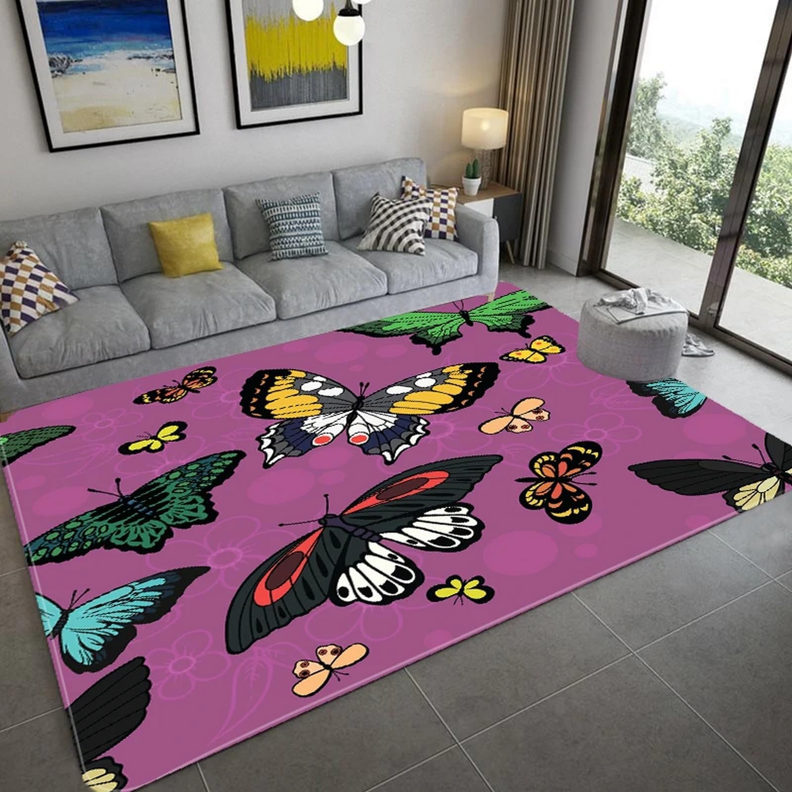 Tapis enfants papillon multicolore pour créer un coin lecture cosy