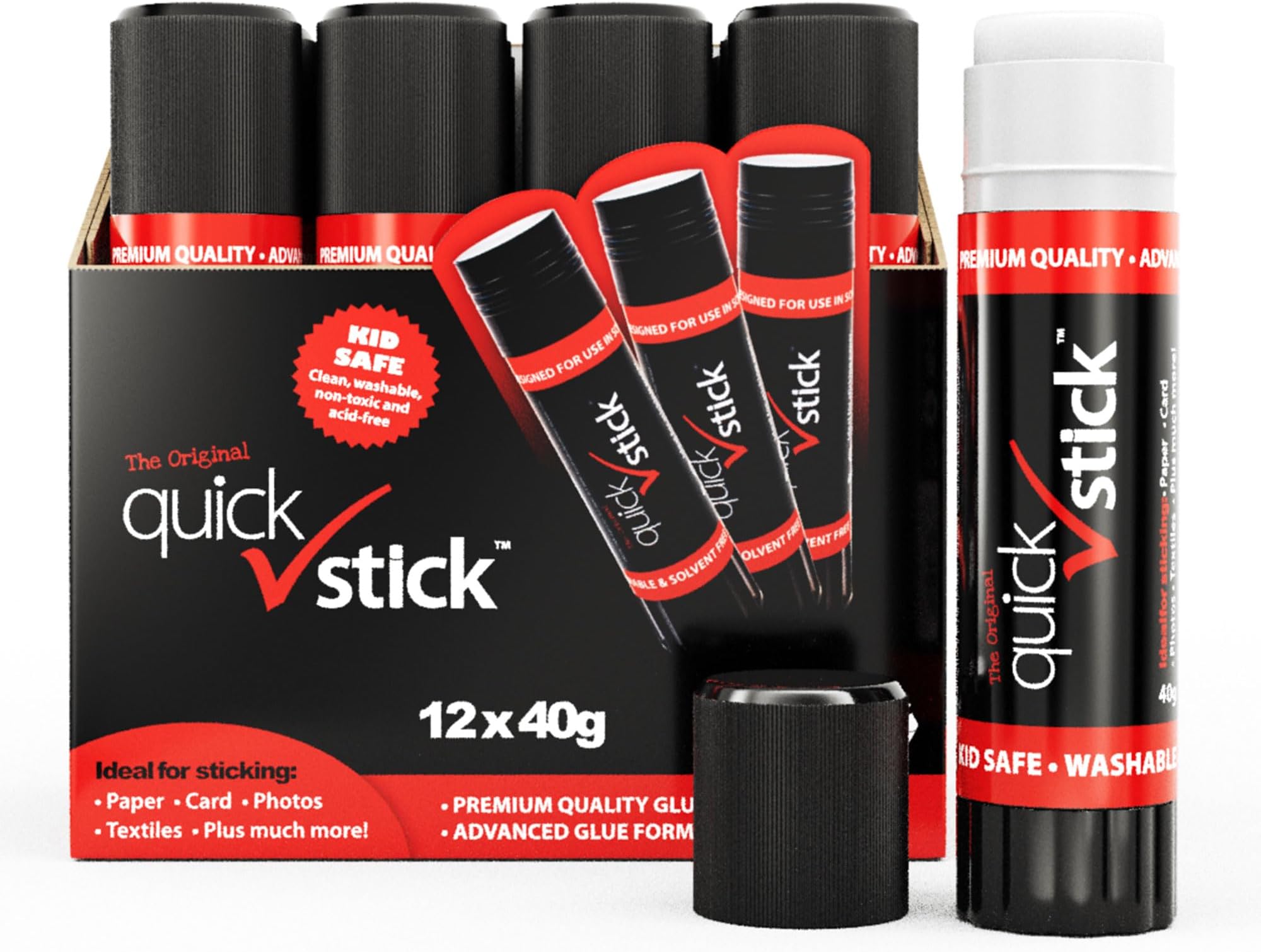 Glue Stick Pack of 12 x 40g Multipack Strong Hold Original Quality Adhesive Safe Glue Sticks for School & Children, Crafting Glue, Scrapbooking, Office, School supplies and Much More