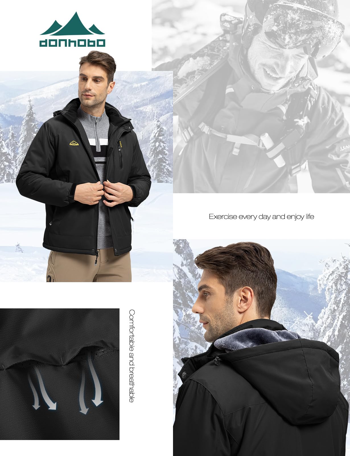 donhobo Herren Winter Skijacke Atmungsaktiv Warm Gefüttert Winterjacke Wasserdichte Winddichte Outdoor Verdickt Funktionsjacke mit Abnehmbarer Kapuze