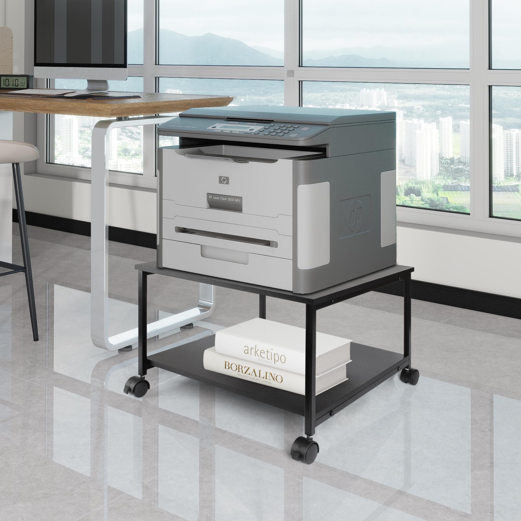 EMERIT Soporte para Impresora Debajo del Escritorio de 2 Niveles con Almacenamiento, Carrito rodante Resistente de 19.5 x 19.5 x 12.8 Pulgadas, Mesa de Impresora móvil con Ruedas bloqueables para