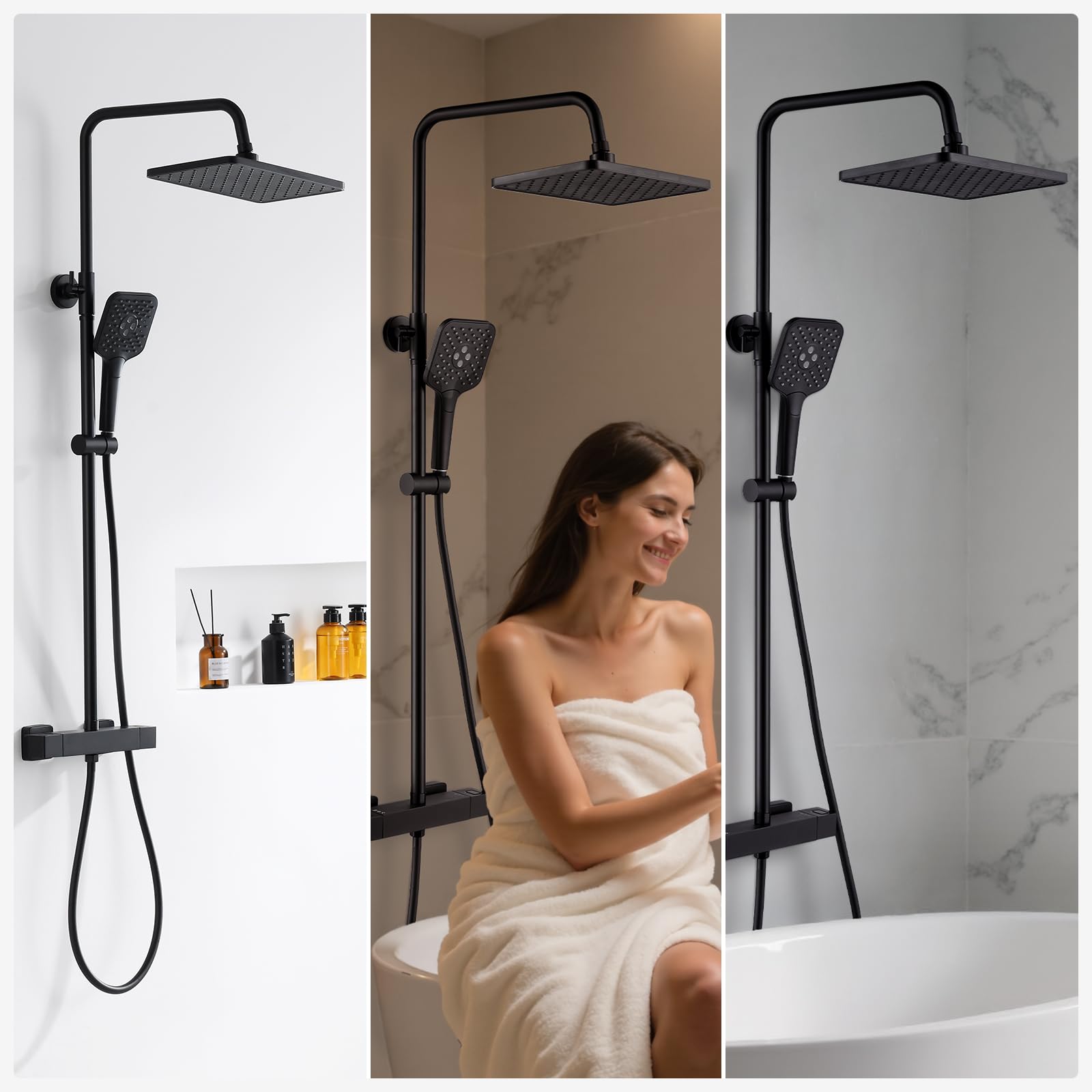 Auralum Colonna Doccia con Miscelatore Termostatico, Miscelatore Doccia Esterno, Saliscendi Doccia con Soffione Doccia 30*19cm e Doccetta 3 Getti, Saliscendi Doccia Altezza Regolabile 90-125cm, Nera