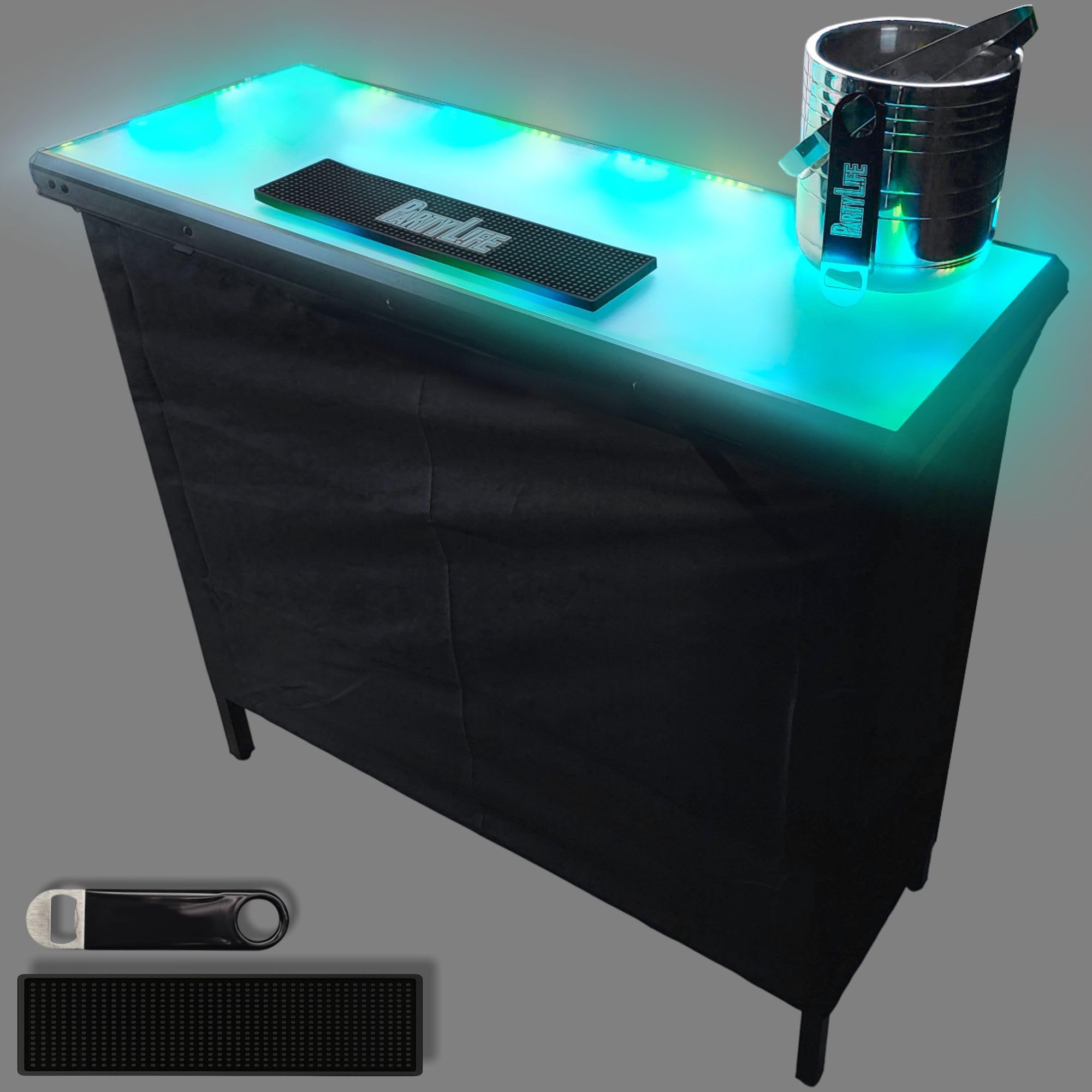 PartyLife Glowing LED Surface Portable Bar Table w/Mobile App, Folding Steel Legs, 2 Bar Skirts, Supportive Storage Shelf &amp; Carrying Case - Black Skirt
