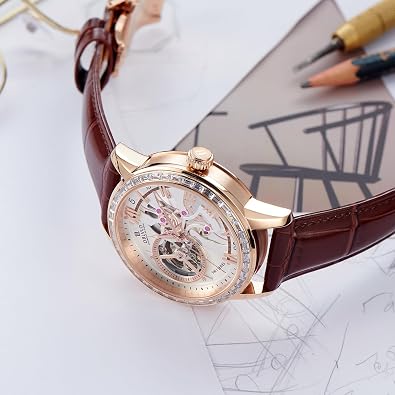 OBLVLO Skeleton Automatic Wristwatch with Leather Strap, Blue Dial, Diamonds Bezel