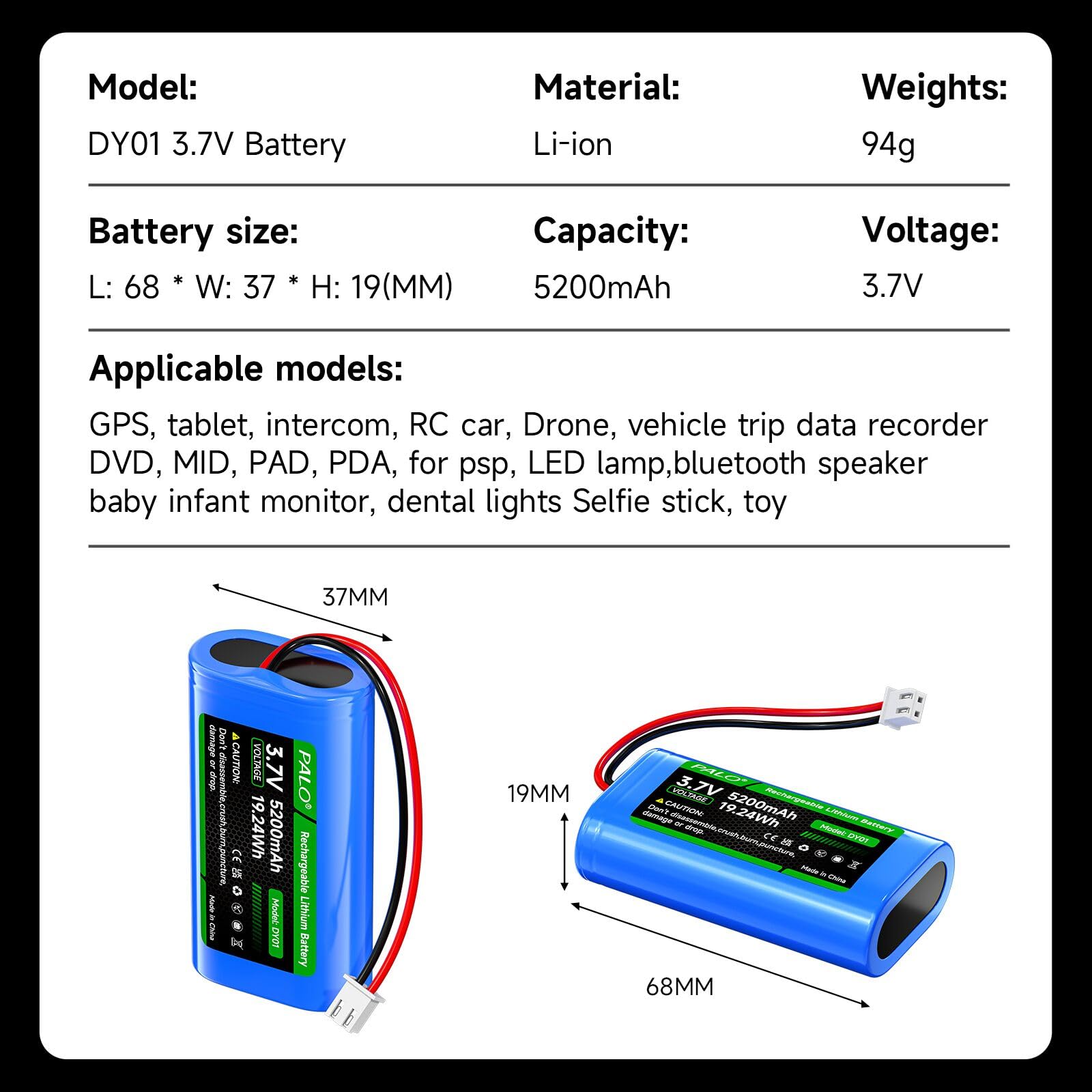 3.7V 5200mAh XH2.54/2P Batteria Connettore, Batterie Litio Riutilizzabili 2 Pezzi per Auto Giocattolo RC, Telecamera Wireless Solare, Altoparlante Wireless, Luce a Led Esterna