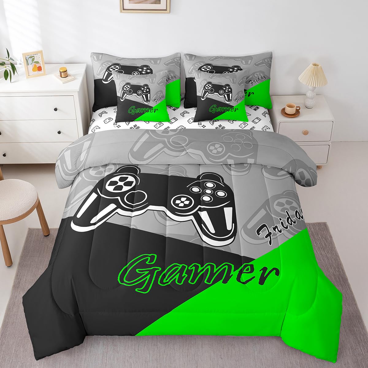 Feelyou Gamer Comforter Set with Sheets Gaming 7 Piece Bedding Set Full Size for Teens Boys Video Game Decor Bed in a Bag Game Controller Bed Set
