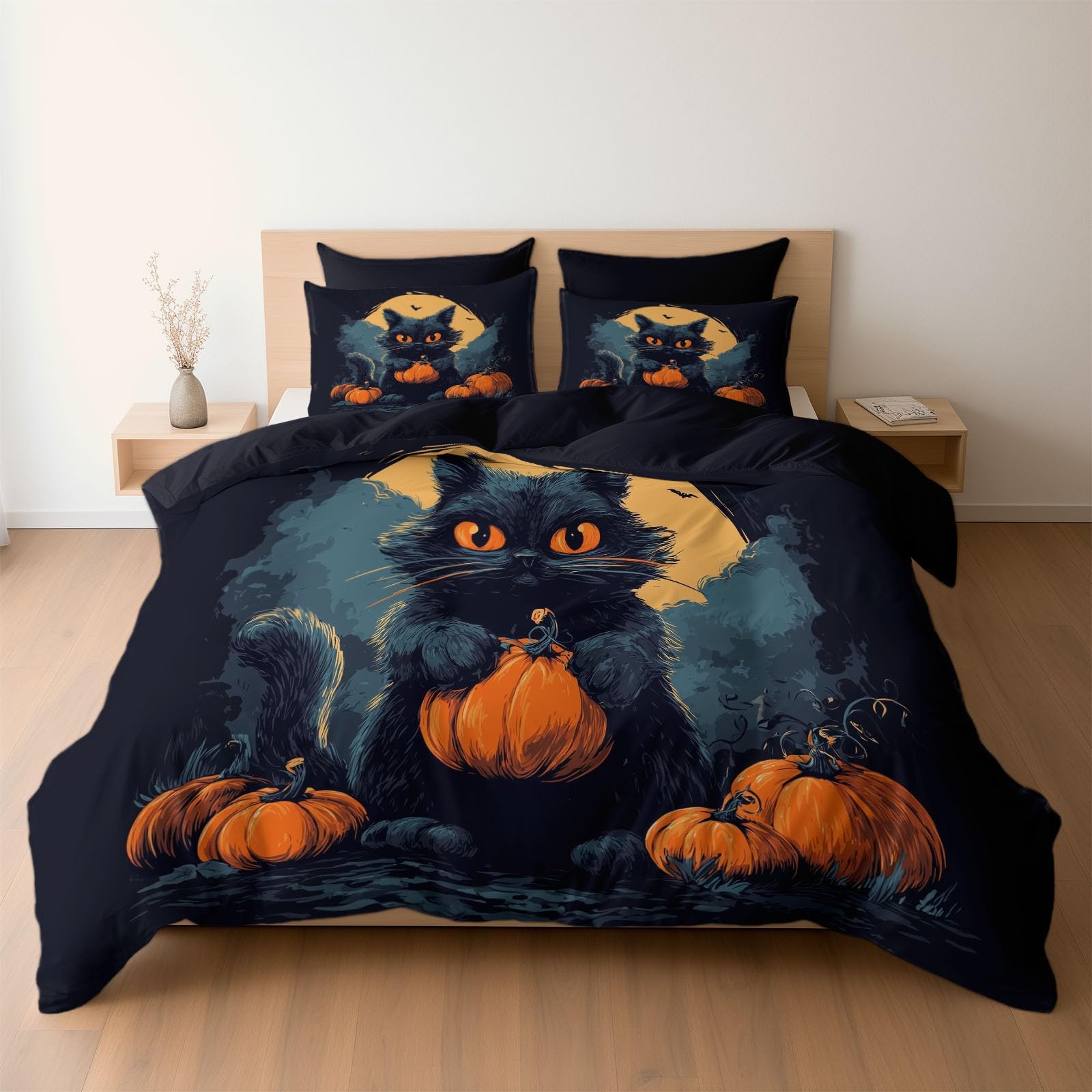 Parure de Lit Chat d'Halloween 140x200 en Microfibre Brossée de Luxe