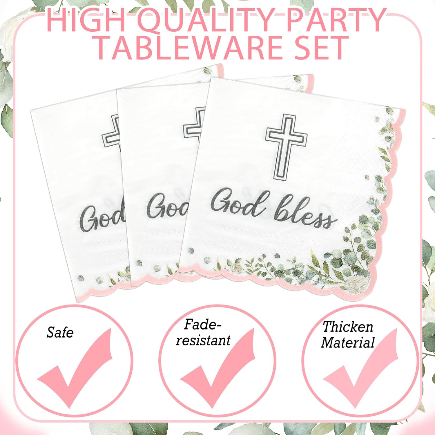 Willinglong 175 Pcs God Bless Baptism Decorations Tableware Disposable First Communion Paper Plates Napkins Cups Cutlery Baptism Party Decoration for Christening Celebration Baby Shower(Pink)